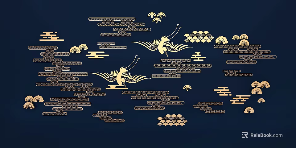 Gold Carved Patterns on Dark Blue Background With Cranes Clouds and Pine Trees Decorative Design 3d model