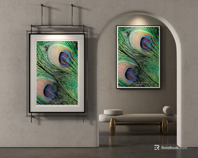 Two Abstract Peacock Feather Paintings Hanging in Modern Interior Wall Art Decor 3d model 
