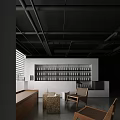 Modern Office Interior With Exposed Ceiling Pipes White Shelving Wooden Chairs And Window Blinds