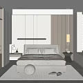 Modern Minimalist Bedroom Interior With Bed Nightstands Table Lamps Striped Wall And Light Tones