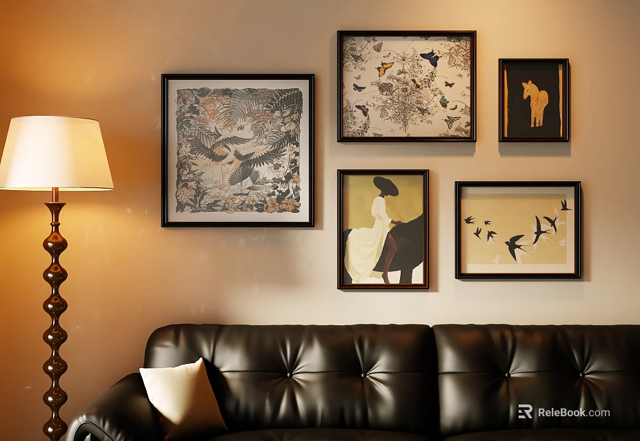 Oil Paintings Wall Decor With Black Leather Sofa And Floor Lamp In Living Room 3d model 