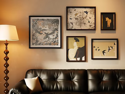 Oil Paintings Wall Decor With Black Leather Sofa And Floor Lamp In Living Room 3d model