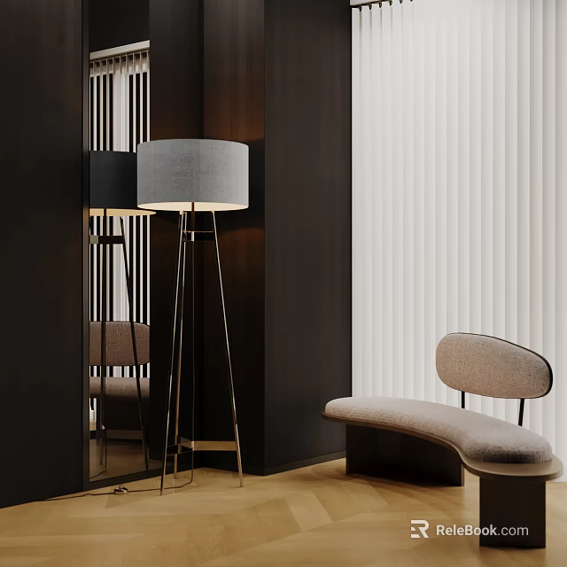 Modern Living Room Interior Design With Floor Lamp Mirror Bench And White Blinds 3d model 