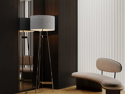 Modern Living Room Interior Design With Floor Lamp Mirror Bench And White Blinds 3d model