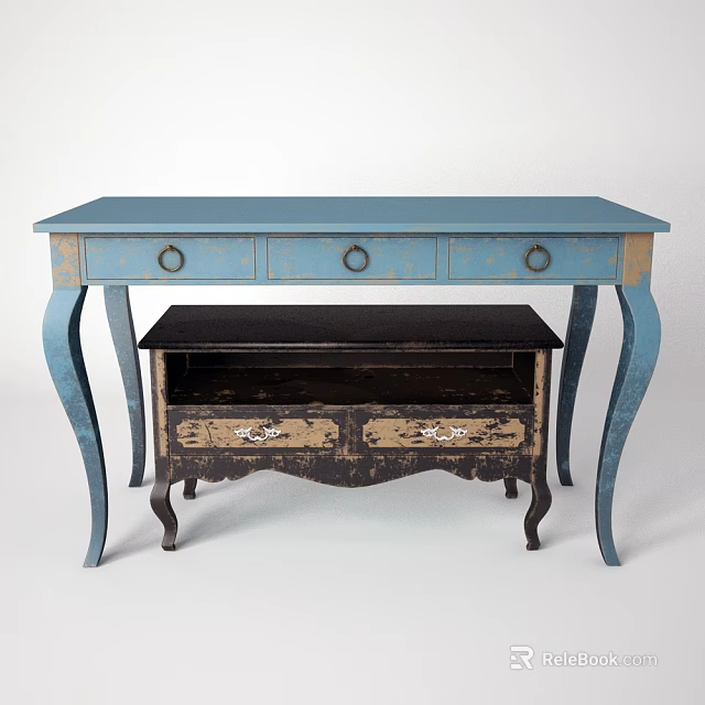 Vintage Blue Console Table And Black Side Cabinet With Curved Legs Drawers 3d model 