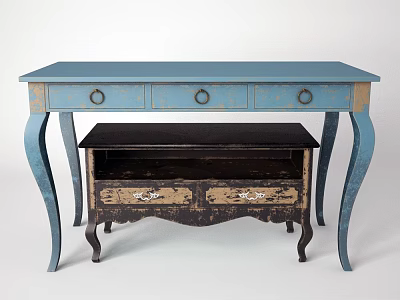 Vintage Blue Console Table And Black Side Cabinet With Curved Legs Drawers 3d model
