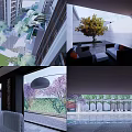 Residential Landscape View Through Glass Doors With Courtyard Water Feature Green Plants And Stone Pathway