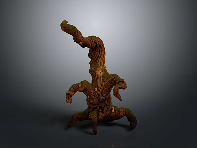 Unique Artistic Tree Sculpture With Twisted Trunk And Green Brown Branches 3d model