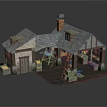 Rustic Wooden House With Blue Roof Brick Chimney Windows Wooden Door And Ladders