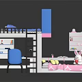 Kids Bedroom Furniture Set With Bunk Bed Pink Blue Design Desk Chair Bookshelf Rabbit Toy