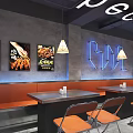 Modern Industrial Restaurant Interior With Neon Signs Pendant Lights And Dining Tables
