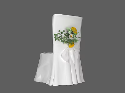 White Wedding Chair Cover with Yellow Flowers Green Leaves and White Bow 3d model