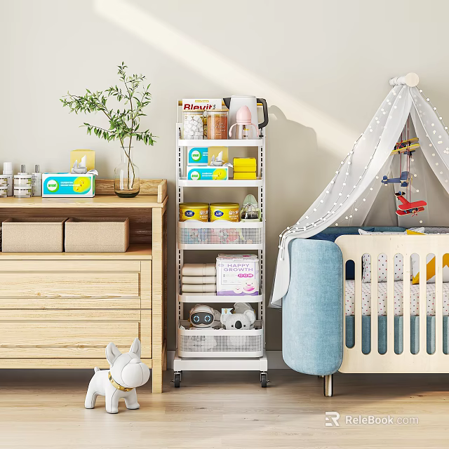 Adorable Stuffed Animal Doll in Baby Nursery with Blue Crib Storage Shelf and Wooden Cabinet 3d model 
