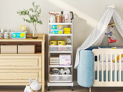 Adorable Stuffed Animal Doll in Baby Nursery with Blue Crib Storage Shelf and Wooden Cabinet 3d model