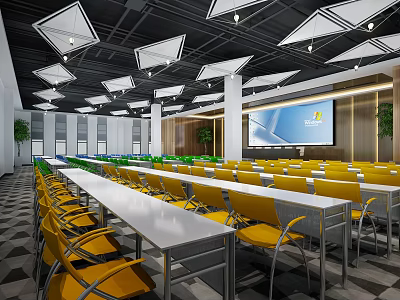 Modern Conference Room With Yellow Chairs Long White Tables And Large Screen 3d model