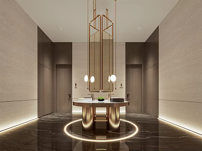 Modern Public Restroom Interior With Round Sink Marble Floor And Hanging Light Fixture 3d model