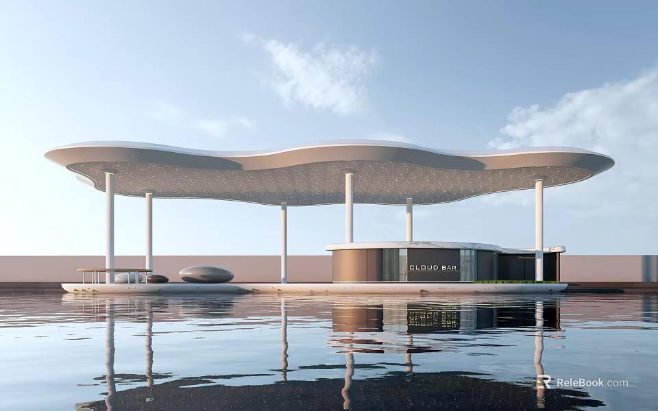 Modern Building With Wavy Canopy Columns And Clubhouse Reflecting On Water 3d model 
