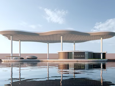 Modern Building With Wavy Canopy Columns And Clubhouse Reflecting On Water 3d model