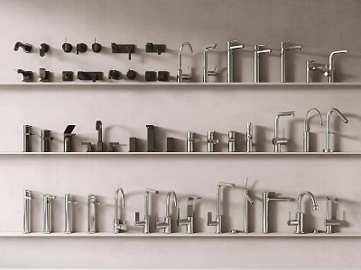 Collection of Various Modern Faucets Showcased on Multiple Shelves in Showroom 3d model