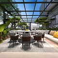 Modern Garden Outdoor Space With Glass Roofed Pergola Dining Table Chairs Green Plants And Sofa