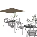Modern Outdoor Table Set With Sleek Metal Chairs Large Umbrella And Potted Greenery
