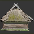 Traditional Rustic Wooden House With Straw Thatched Roof And Log Walls