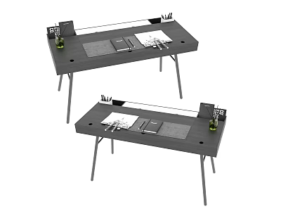 Stylish Modern Gray Office Desks With Stationery Documents And Small Plants On Metal Legs 3d model