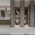 Modern Elegant Public Restroom With Marble Decor Double Mirrors Washbasins And Private Cubicles