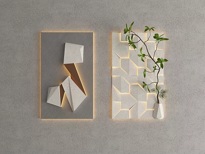 Modern Wall Decorations With Geometric Shapes Illuminated Lighting And Green Plant Accents 3d model