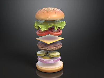 Delicious Layered Hamburger With Fresh Lettuce Tomato Cheese Patty Pickles and Onion 3d model