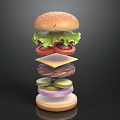 Delicious Layered Hamburger With Fresh Lettuce Tomato Cheese Patty Pickles and Onion