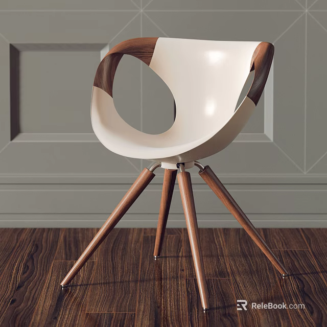 Modern White Accent Chair With Wooden Arms And Legs On Gray Wall Wooden Floor 3d model 