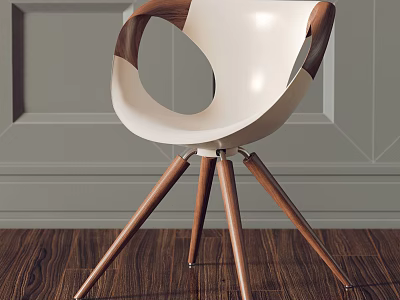 Modern White Accent Chair With Wooden Arms And Legs On Gray Wall Wooden Floor 3d model