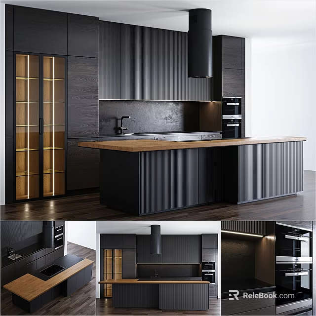 Modern Dark Kitchen With Wooden Countertop Island And Glass Door Cabinets 3d model 
