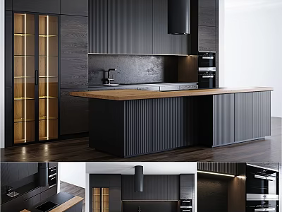 Modern Dark Kitchen With Wooden Countertop Island And Glass Door Cabinets 3d model