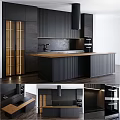 Modern Dark Kitchen With Wooden Countertop Island And Glass Door Cabinets