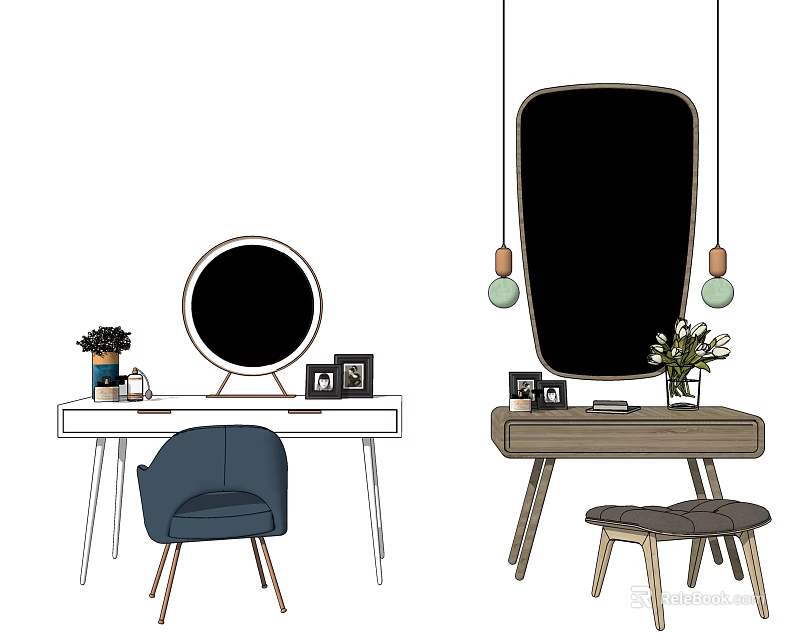 Wooden Dressing Table with Oval Mirror Hanging Lights Stool Plant and Photo Frames 3d model 