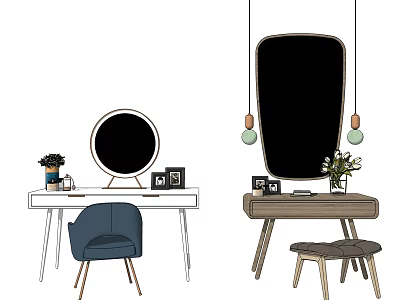 Wooden Dressing Table with Oval Mirror Hanging Lights Stool Plant and Photo Frames 3d model