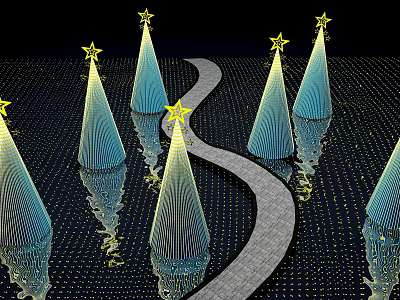 Illuminated Christmas Tree Decorative Lights With Star Tops Along Night Pathway And Water Reflection 3d model