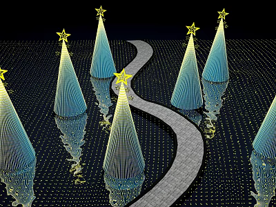 Illuminated Christmas Tree Decorative Lights With Star Tops Along Night Pathway And Water Reflection 3d model