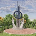 Modern Landscape Sculpture With Metal Columns Gear Rings And Hand Shaped Base Under Blue Sky