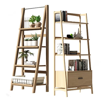 Modern Wooden Ladder Bookcase With Shelves Plants Books And Decor Drawer 3d model