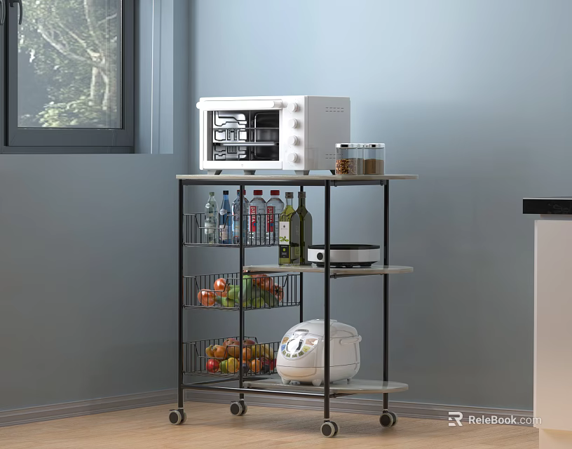 Kitchen Rolling Cart With Microwave Bottles Fruits And Rice Cooker 3d model 