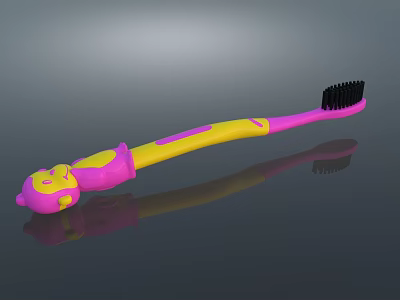 Colorful Children's Toothbrush With Pink Yellow Handle And Cartoon Monkey Design For Daily Oral Care 3d model
