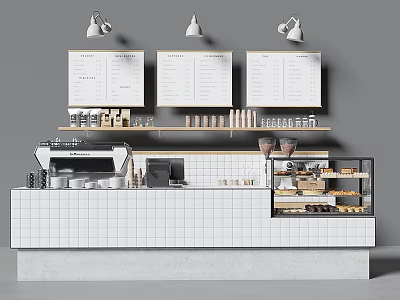 White Tiled Café Reception Counter With Coffee Machine Menu Boards Pendant Lights And Display Shelves 3d model