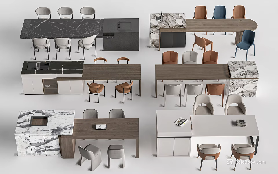 Modern Bar Counter Designs Featuring Marble Countertops Colored Chairs And Wooden Accents 3d model 