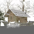 Snowy Detached Log Cabin Villa With Snow Covered Roof And Smoke From Chimney