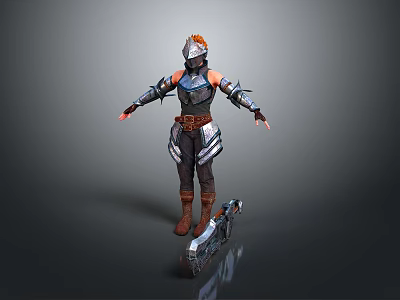 3D Warrior Character With Orange Hair And Armored Outfit Holding Battle Axe In Dark Setting 3d model