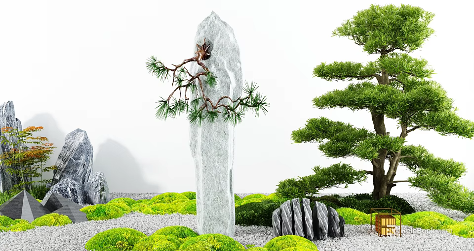 Japanese Style Courtyard Garden With Tall Gray Stone Pine Branch And Trimmed Trees 3d model 