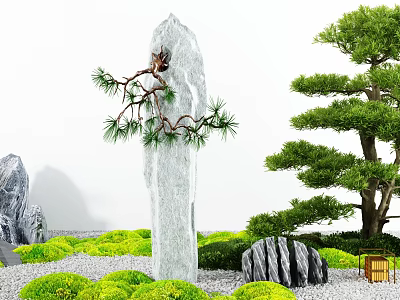 Japanese Style Courtyard Garden With Tall Gray Stone Pine Branch And Trimmed Trees 3d model